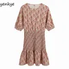 Floral Stampa Abito Elastico Delle Donne Collo rotondo Manica Corta Orlo Ruffle Mini Summer Casual Abiti Abiti Casual Robe Femme BBWM2213 210515