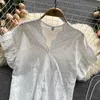 Camisa de verano para mujer, blusas femeninas adelgazantes con lazo y manga con volantes y cuello en V de Color sólido Retro francés, blusas LH640