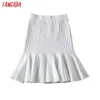 Tangada Mulheres Branco Ruffles Malha Skirt Skirt Strethy Cintura Escritório Senhoras Elegante Chique Saias AI67 210609