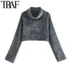 TRAF Women Fashion Loose Cropped Chenille Knitted Sweater Vintage High Neck Long Sleeve Female Pullovers Chic Tops 210415