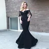 Sleeve Black Long Mermaid Dresses Beaded Saudi Arabic Sheer Neck Satin Evening Gown Sweep Train Prom Dress