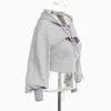 TWOTYLE Hollow Out Gray Sweatshirt For Women Hooded Collar Long Sleeve Fake Two Casual Short Tops Female Fashion Fall 211104