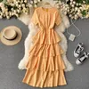 Singreiny Francês Ruffled Bolo Vestido Mulheres Coreano O Pescoço Manga Curta A-Linha Vestidos Verão Elegante Sólido Vestido de Praia 210419