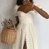 Vestito da donna Temperamento Bianco senza spalline Spacco a vita alta Principessa Lungo es Sexy Summer Beach es 210513