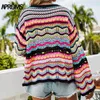 Aproms Multi Color Blocked Strickpullover Frauen Sommer Casual Flare Sleeve Hollow Out Pullover Coole Mädchen Mode Jumper 211218