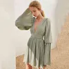 [EAM] Women Green Brown Sexy Pleated Dress V- Neck Long Flare Sleeve Loose Fit Fashion Spring Autumn 1DD8041 210512