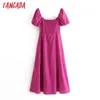 Tangada mode kvinnor solid rosa klänning pläterad puff kortärmad damer casual midi vestidos 3h671 210623