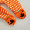 Mababy 3-12m 1e Halloween geboren baby babymeisje kostuums gestreepte pompoen jumpsuit schattige rompertjes partij kleding hoofdband D84 211101