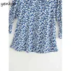 Женщины Blue Floral Print V шеи с длинным рукавом платье женское a-line мини праздник лето плюс размер коротким Vestido jwm355 210514