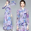 Autumn Flower Chiffon Women Holidays Long Sleeve Vintage Draped Big Swing Belt Bow Floral Print Ladies Maxi Dress + Scarf 210416