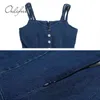 Yaz Zarif Kadın Denim Sundress Vintage Mavi Uzun Bir Çizgi Kadın Kot Elbise 210415