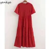 Sommar kvinnor blommig tryck röd klänning kvinnlig kortärmad o nacke robe slim casual lång 210430