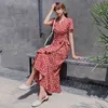 Summer Women Floral Print V-Neck Boho Long Chiffon Dress Ruffles Wrap Casual Slim Split Sexy Party Robe 210519