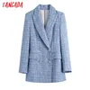 Kvinnor Dubbelbröst Tweed Blue Blazers Coat Office Lady Långärmade fickor Kvinnliga Ytterkläder Be508 210416