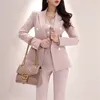 Kontor Ladies Striped 3 Pieces Set Double Breasted Slim Blazer Patchwork Toppar Hög midja Byxor Kvinnor Pant Suits 210514