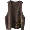 Johnature vintage pulôver blusas coletes para mulheres v-pescoço sem mangas apliques impressão floral primavera estilo chinês vestes 210521