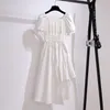 Koreaanse casual bladerdeeg mouwen shirt jurk vrouwen vierkante nek onregelmatige fee white lange zomer vrouwelijke chique party vestido 210514