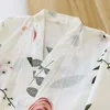 Été Kimono Pyjamas Femme Coton Gaze Vêtements De Nuit Col En V Trois Quarts Imprimer Loungewear 2 Pièces Ensemble Casual Lâche Pijama Mujer 210809