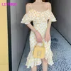 summer temperament ladies sexy off-the-shoulder polka-dot ruffled chiffon suspender dress Office Lady Polyester 210416