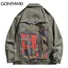 Gonthwid Hip Hop Denim Jacket Streetwear Mens Vintage Schilderen Gescheurde Jean Jassen Harajuku Herfst Katoen Jassen Groen Khaki 211214