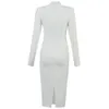 Winter Women Sexy Designer Midi Patchwork White Bandage Dress Ladies Long Sleeve Elegant Bodycon Party Vestido 210527