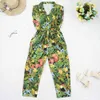 women tropical flower leaves print siamese rompers ladies sleevelss jumpsuits casual elastic waist pocket trousers za 210510