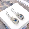 JK Blue 9-10MM White Round Keshi Pearl CZ Connector Earrings