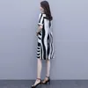 Plus Size Striped Print Women Dress Fashion Casual Loose Tassels Thin Chiffon Elegant Lady Black White V Neck A-line 210522