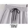 TRAF femmes mode avec cordons fente ourlet jupe mi-longue Vintage taille haute élastique poches latérales femmes jupes Mujer 210415