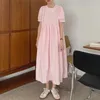 Vintage Short Sleeve Summer Dress Woman Loose Pleated Blue White Party es Female Casual Solid Women Long Robes 14512 210512