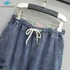 8265 Mujeres Moda Corea Estilo Dibujos animados Gato Bordado Baggy Cintura Elástica Alta Denim Pantalones Recortados Mujer Harem Jeans 210720