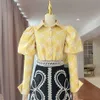 자수 히트 컬러 여성 섹시한 셔츠 옷깃 스탠드 업 칼라 버블 프린트 슬리브 슬림 여성 패션 210527