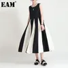 [EAM]女性黒のコントラストの色ロングドレスラウンドネックノースリーブルーズフィットファッションファッションスプリングサミンマー1DD7669 210512