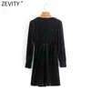 Kvinnor Vintage V Neck Buckles Velvet Slim Mini Dress Lady Plades långärmad sida Zipper Chic Business Vestido DS4769 210420