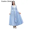 Long Women Dress Chiffon Vintage Chinese Style Hanfu V-neck Ankle-Length Sleeve Evening Party Dresses Elegant Blue 210603