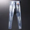 Jeans da uomo Street Style Moda uomo retrò azzurro elastico slim fit toppe strappate pantaloni di jeans schizzati hip-hop di design