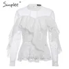 Ruffled lace mesh embroidery white women blouse shirt Elegant hollow out long sleeve female Sexy ladies party tops 210414