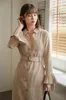 Abiti lunghi invernali per le donne Button Lace Up Collar Flare Sleeve Beige Ladies Split Tunic Dress 210427