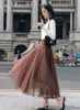 Qooth Spring Summer Female Tulle Skirts Women's Solid color Elastic Waist Long Skirt Mesh Pleated Skirt QH2134 210518