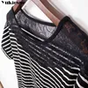 Kobiety Black Paski Tshirts Lady Koronki Hollow Out Cotton Tees Krótki Rękaw T Koszulki Kobiet Lato Topy Dla Kobiety Plus Rozmiar 4XL 210519