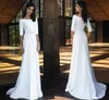 2021 Simple Wedding Dress Boat Neck Half Sleeves Beading Sashes Floor Length Long Bridal Dresses Vestido De Novia