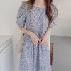 Korejpaa Kadınlar Elbise Kore Chic Yaz Retro Zarif Yuvarlak Boyun Çiçek Gevşek Joker Kabarcık Kollu Elbise Uzun Etek Bayan 210526