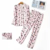 Pijamas de algodão puro conjunto mulheres pijama desenhos animados coelho impressão feminina inverno sleepwear quente sexy homewear camisa longa calça 2 peça / set 210809