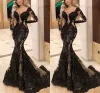 Designer Black Evening Dresses Applique Pärled Crystals Off the Shoulder Mermaid Long Hleeves Custom Made Deep V Neck Prom Party Gown Vestidos 401 401