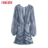 fashion women animal print dress v neck Long Sleeve Ladies pleated short Vestidos 3H684 210416