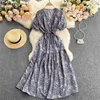 Korean Vintage Floral Print Party Long Dress Women V-neck Puf Sleeve Beach Holiday Midi Dresses Chic Sweet Robe Femme 210519