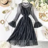 Female Retro Nail Bead Round Collar Sweet Mesh A-line Dress Women Long Flare Sleeve Dot Print Vestidos L110 210527