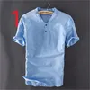 Sleeve collar short-sleeved linen shirt men's casual thin section coarse cloth youth slim half-sleeved cotton 210420