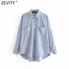 Zevity Kobiety Moda Kieszenie Patch Casual Loose Corduroy Bluzka Office Lady Nieregularne Koszulki Chic Koszulki Blusas Topy LS7394 210603