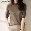 Qoerlin Summer Stand воротника футболка с половиной рукава вязаный свитер Slim Basic Tops Tee Рубашки черная белая базовая износ 210412